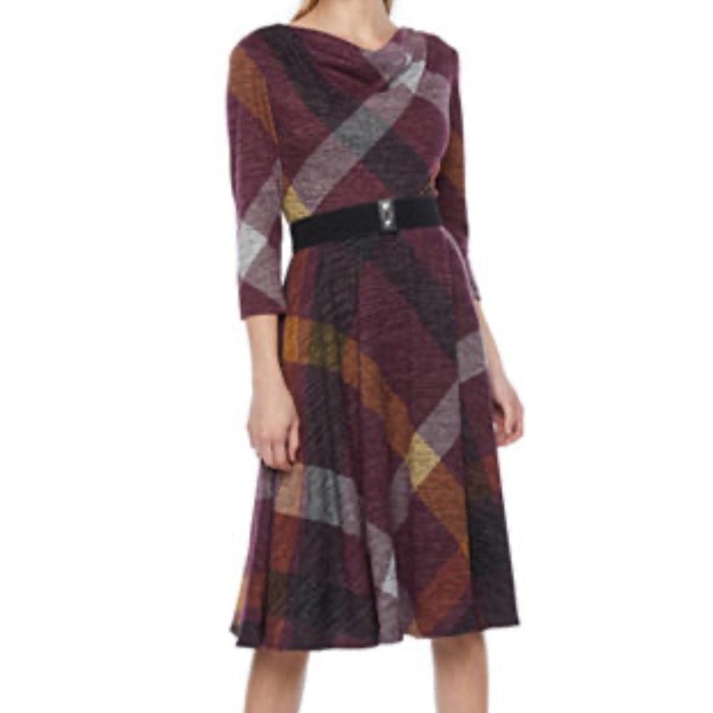 Danny & Nicole‎ Belted Plaid Dress Fit & Flare w 3/4 Sleeve Women’s Size 12